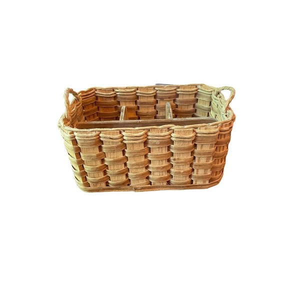Straw Woven Utensil Holder Rakka  Wooden 5” X 10” - Picture 1 of 9